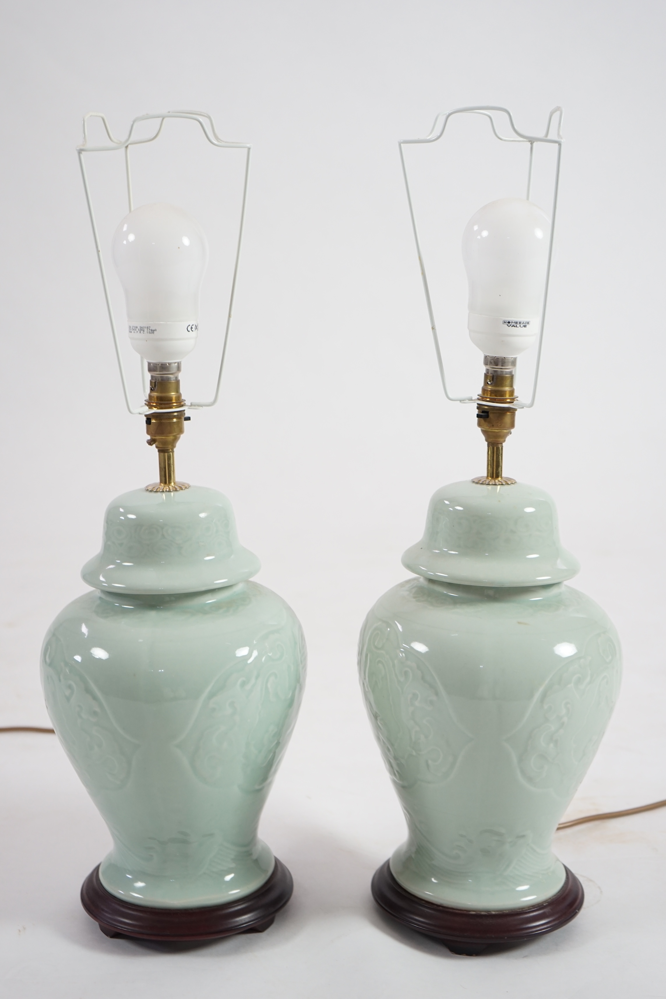 A pair of modern Chinese celadon glazed table lamps